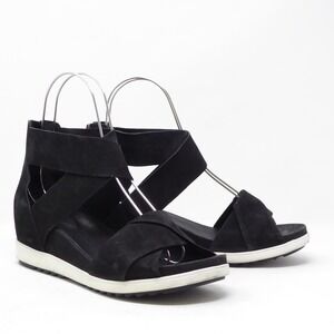 Eileen Fisher Viv Black Tumbled Nubuck Wedge Sandals Open Toe Womens Size 10